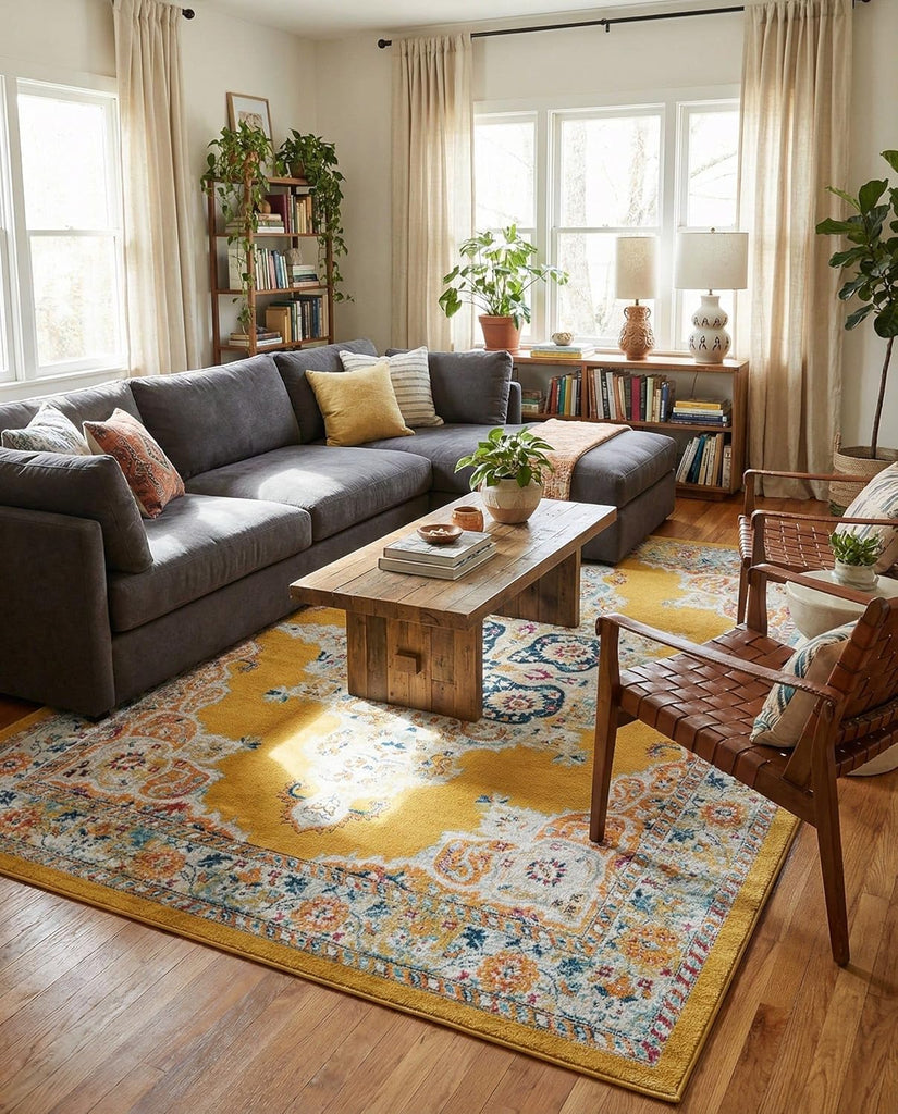 Parker Rug - 10' x 14' Yellow Easy-Clean Rug - Vintage Medallion Style