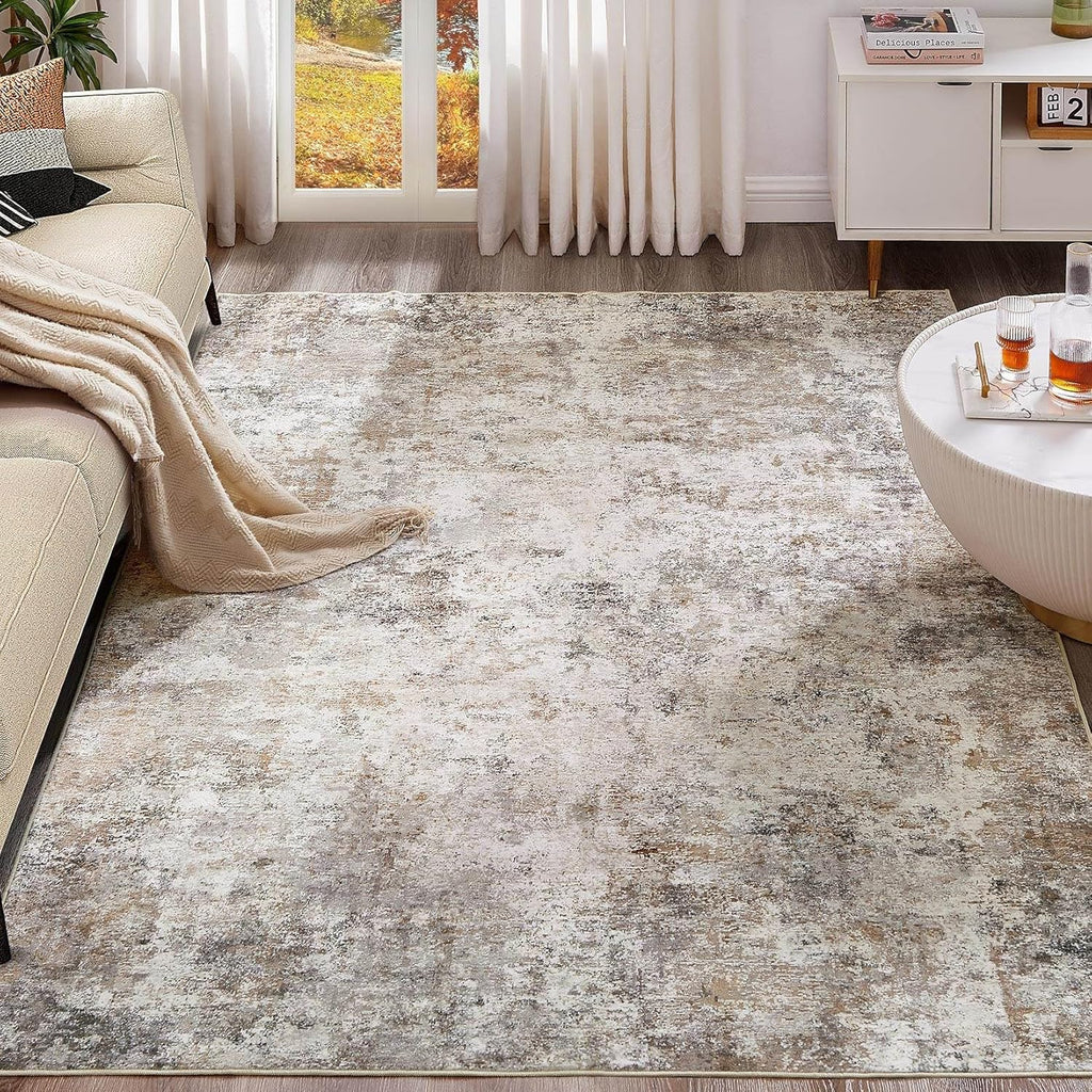 10x14 Area Rug Living Room Rugs - Washable Neutral Modern Abstract Soft Thin Large Rug Indoor Floor 