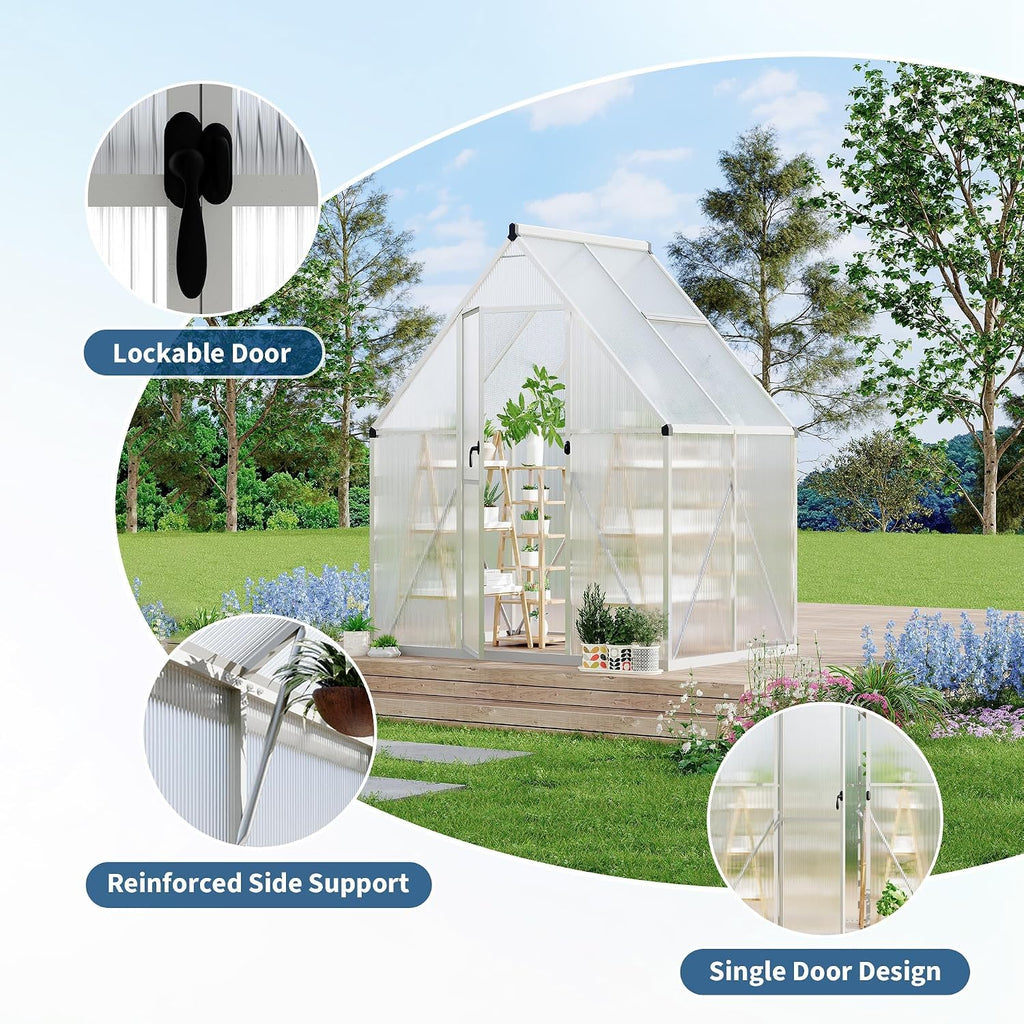 Walk-in Aluminum Greenhouse 6x4FT - Polycarbonate Panels, Heavy Duty Frame, Quick Setup, Roof Vent, Large Outdoor