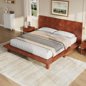Mid-Century Full Size Wooden Bed Frames, Pine Wood Japanese Low Platform Bed with Brown Headboard, 7 inch Low Under