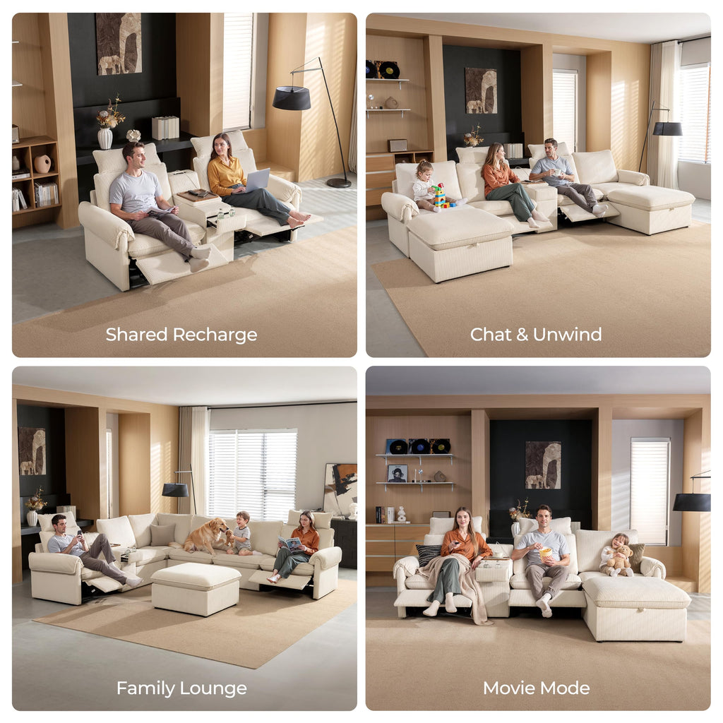 117" 5-Seat L-Shaped Power Reclining Sectional Couch, Beige