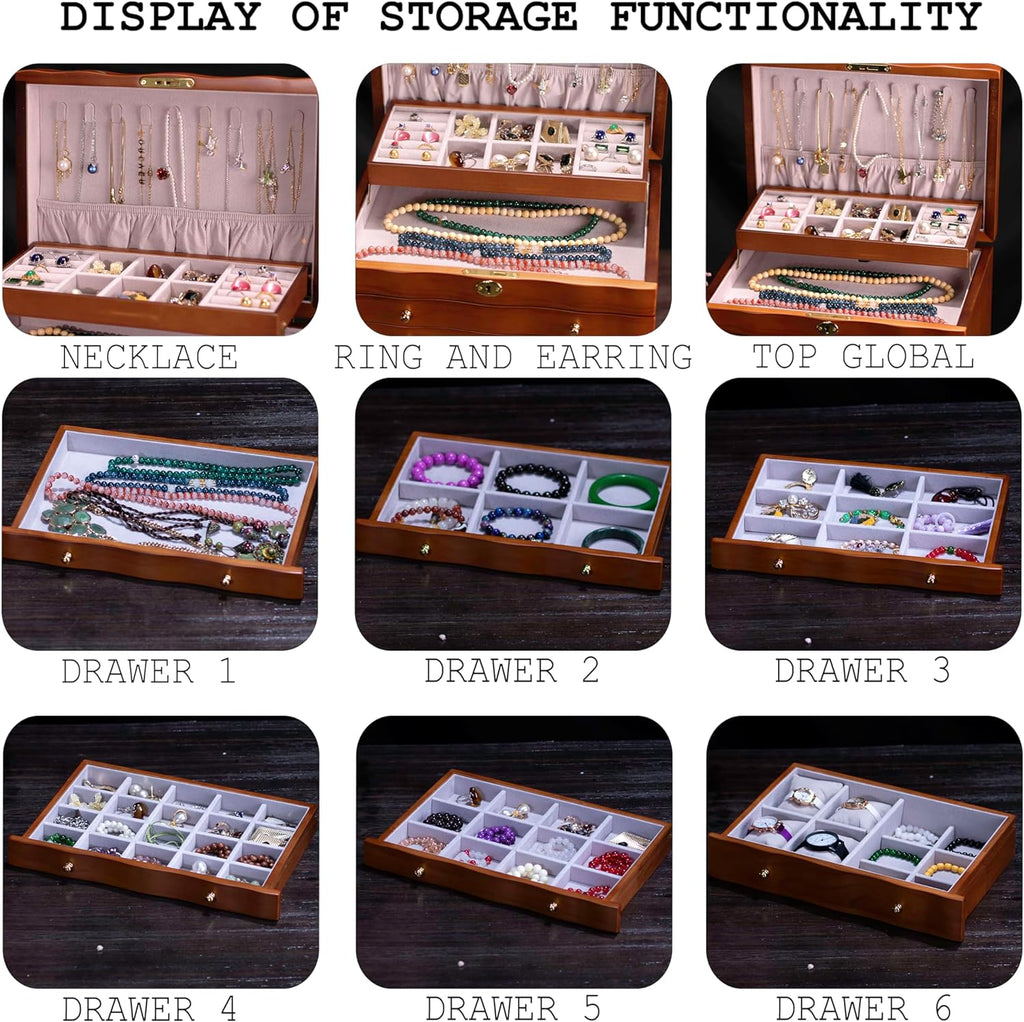 Solid Wood Jewelry Box w/Lock, 9-Layer Large Storage Organizer - Set of 300
