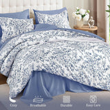 Blue Floral Comforter Set Queen, 8 Pieces Flower Botanical Bed in a Bag Bedding Set, Soft Microfiber Comforter, Sheets