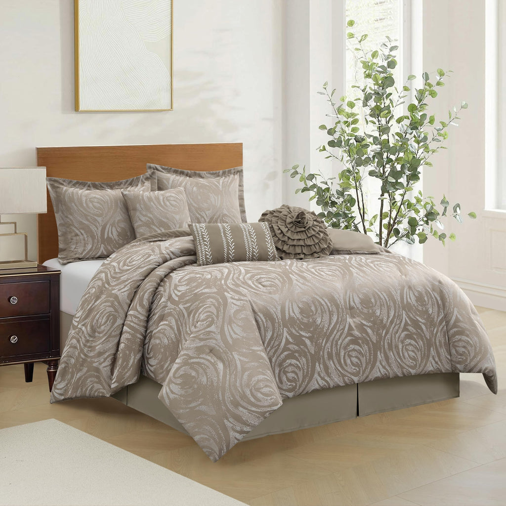 Taupe Comforter Set, 7 Pieces Jacquard Bedding Set, Floral Design, All Season, Matching Bedskirt, Pillows &
