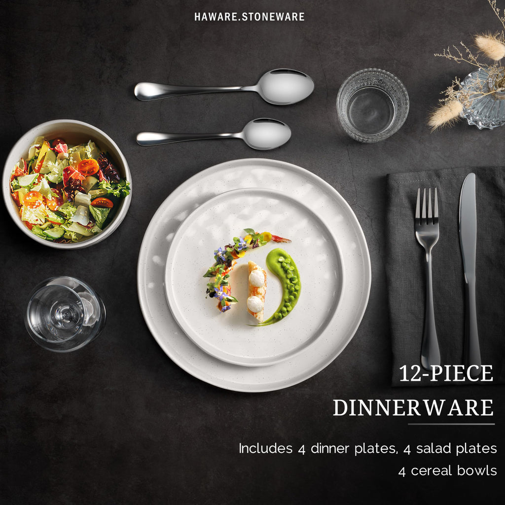 Dinnerware Sets, 12-Piece Plates and Bowls Set, Speckled White