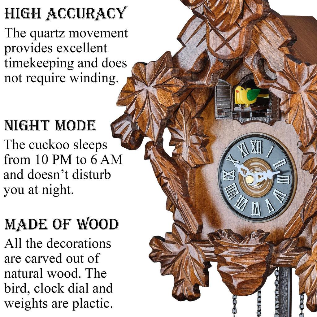 Cuckoo Clock with Automatic Night Mode, Quartz Movement and Carved Deer Head (Brown)