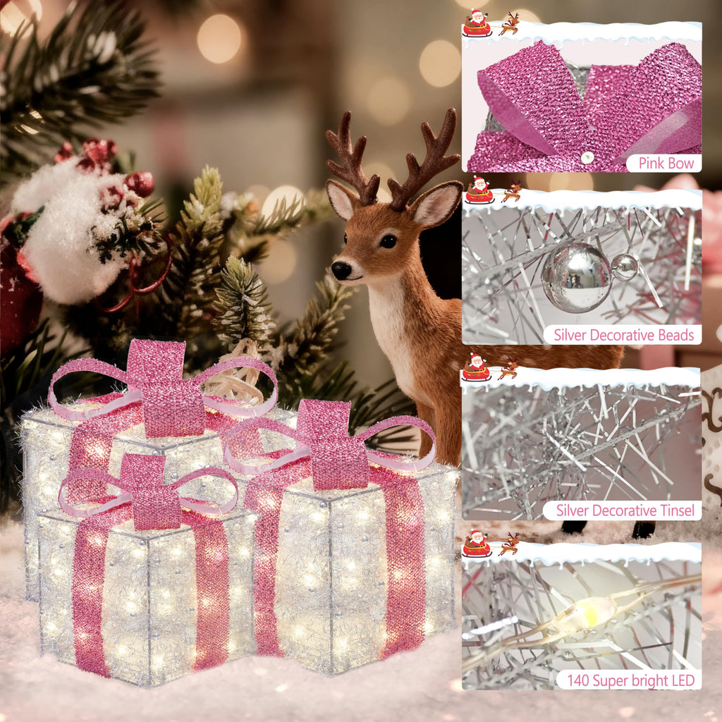 Christmas Decorations, 140 LEDs Set of 3 Lighted Gift Boxes with Silver Tinsel and Pink Bows, Warm White Present