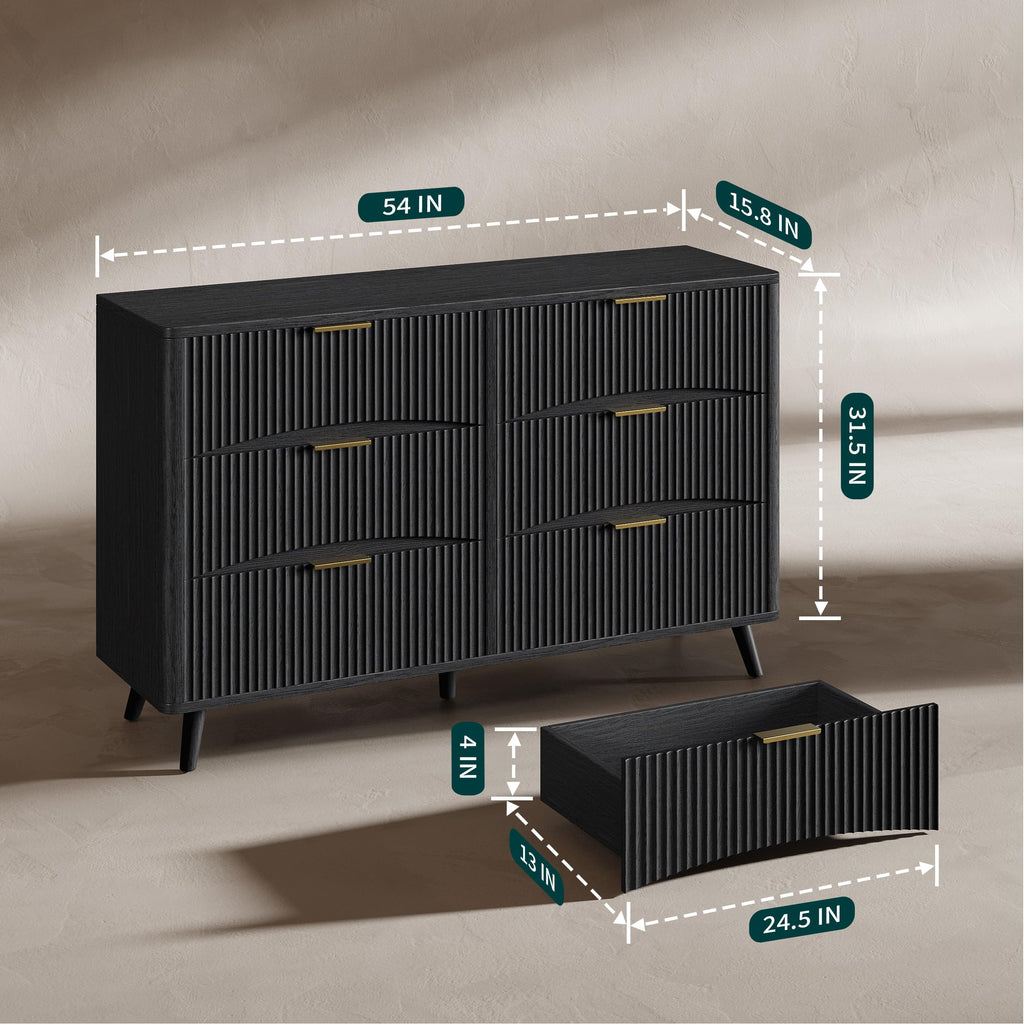 54 Inch Black 6 Drawer Dresser, Curved Fluted Chest of Drawers