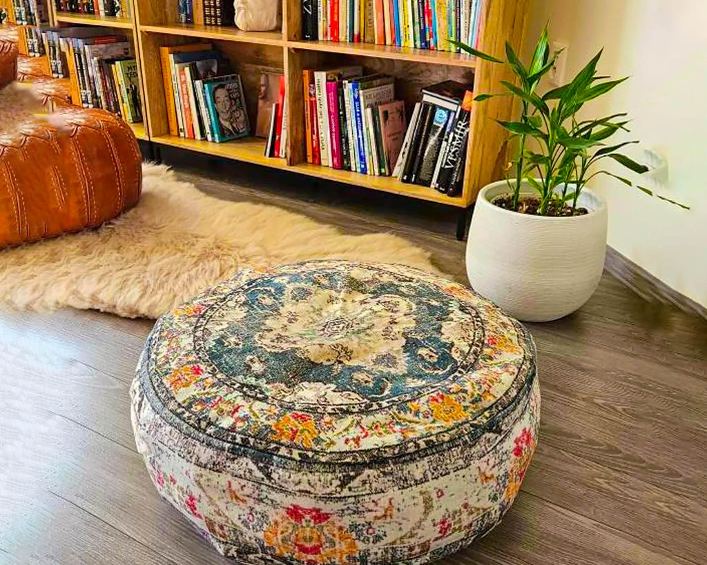 Floor Pillow Cover Blue Round Floor Cushion Boho Room Décor Moroccan Seating Area Perfect Pouf Ottoman for Living