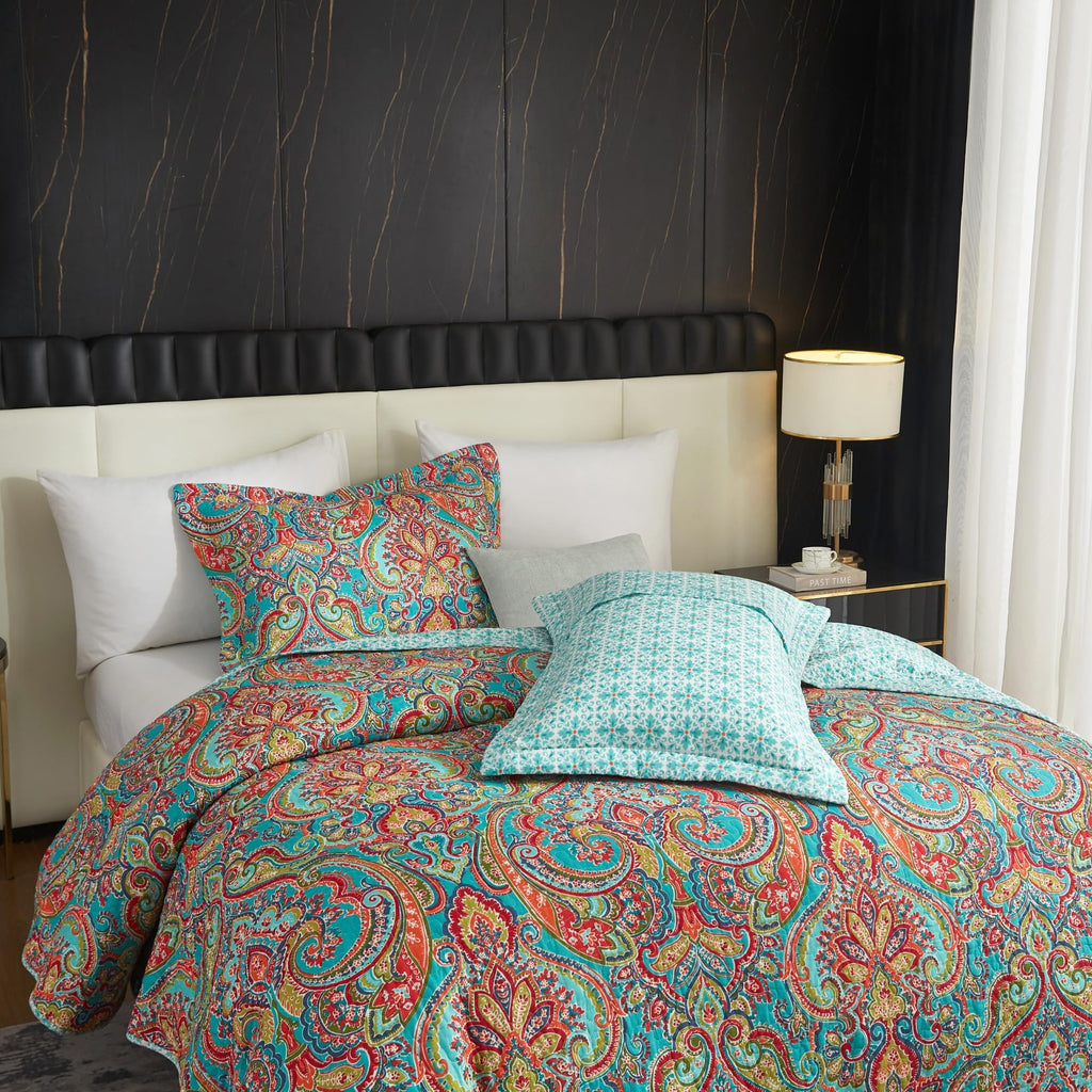 100% Cotton Boho Quilt Set King Size Vibrant Bohemian Paisley Bed Coverlet