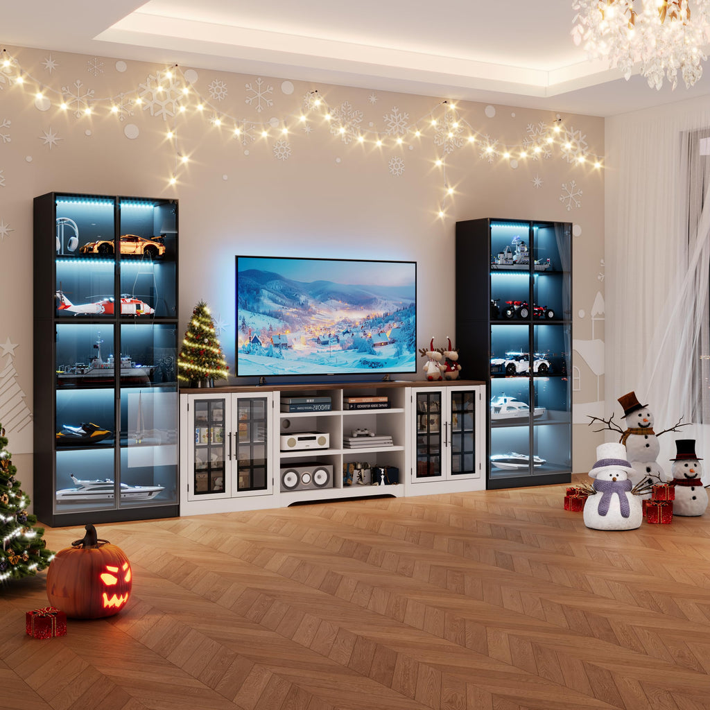 Farmhouse TV Stand for TVs up to 100", Entertainment Center with 2 LED Storage Cabinets, TV Console with Glass Doors
