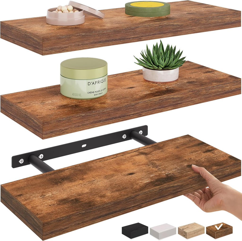Floating Shelf, 3-Pack 16" Rustic Brown Floating Shelves for Wall, Wood Wall Shelf Décor, Floating Shelves , and