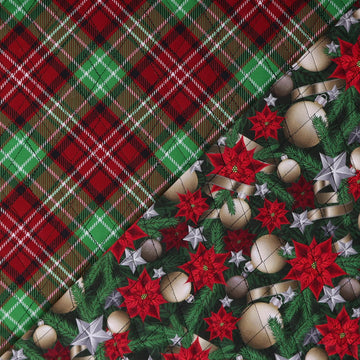 Double Faced Quilted Cotton, Poinsettias & Plaid Green/Red