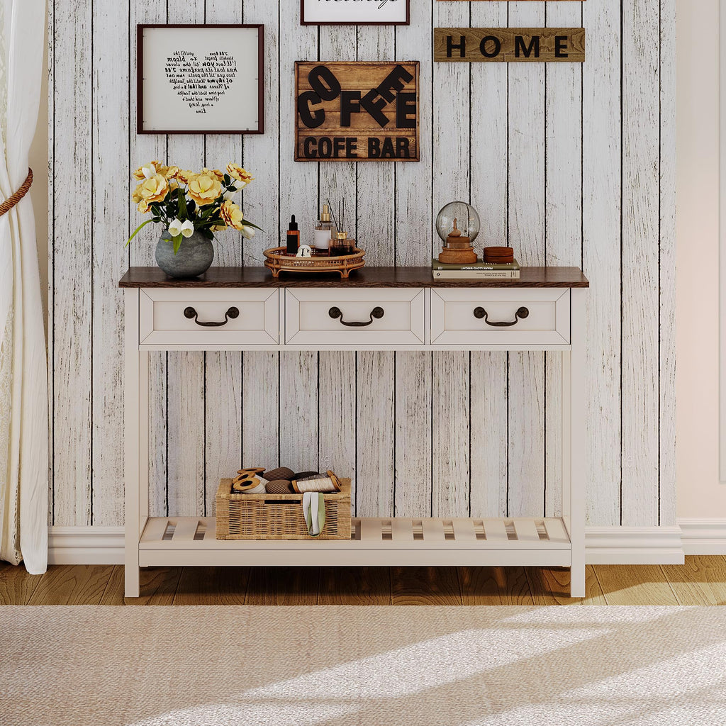 47" Farmhouse Entryway Table with 3 Drawers and Storage Shelf