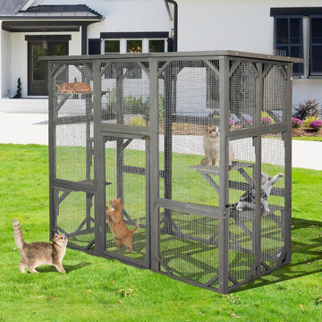 63Inches Cat House, Large Outdoor Wooden Cat Enclosure w/Resting Box