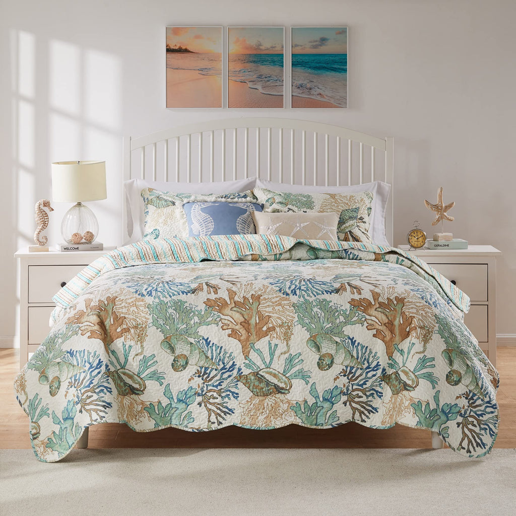 Home Atlantis Coastal Sea Coral Oversized Reversible Quilt Set, 3-Piece, Jade