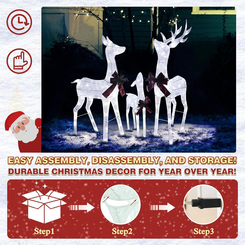 4.5FT Lighted Reindeer Family Set for Christmas Decoration, 3-Piece Pre-Lit Iridescent Deer Xmas Decor with 200 LED
