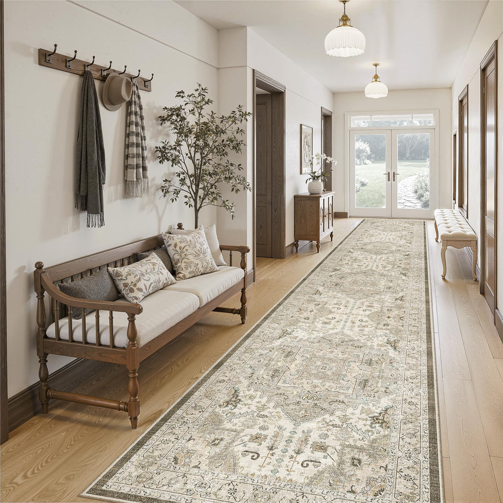Hallway Runner Rug 2'6''x14' Kitchen Runners Vintage, Ivory/Brown