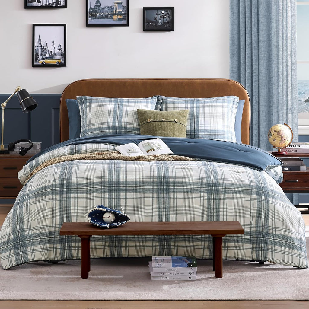 Full Comforter Sets, Blue Grey Plaid Bedding Set 7 Piece for Boys Girls Teen, Classic Homestead-Style Kids Comforter
