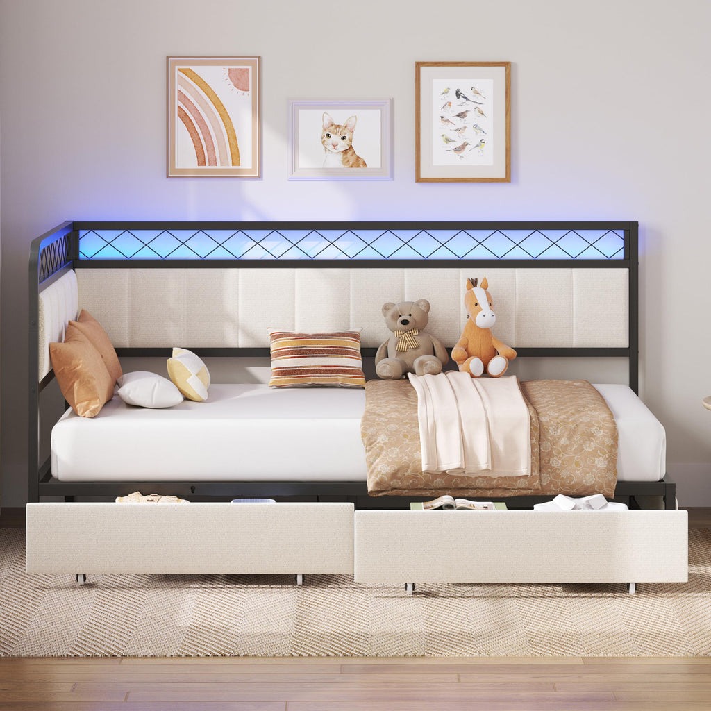 Twin Daybed with 2 Storage Drawers, Corner Bed Frame with LED and Charging Station, Metal Platform Daybed Frame and
