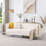 White Leather Couch Sofa, Office Couches 78'' Apartment Faux Leather Sofa with 2 Throw Pillows & Gold Metal