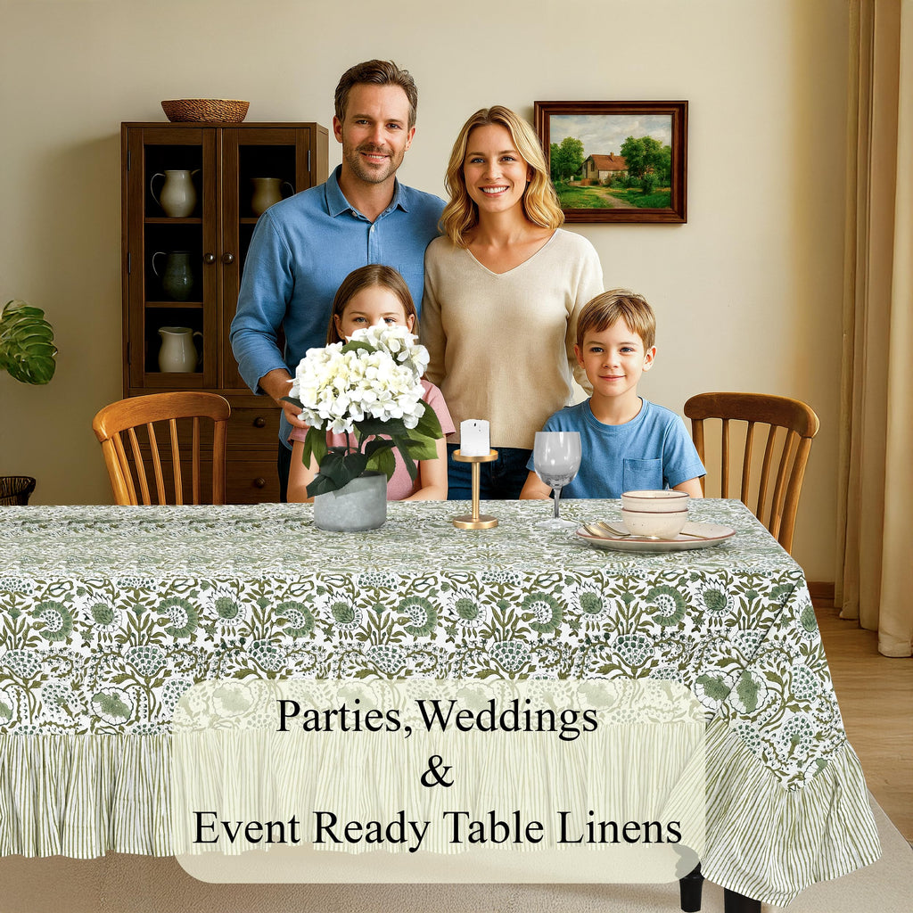 CPC Agate Green Hand Block Print Ruffle Square Tablecloth 60x60 Inch