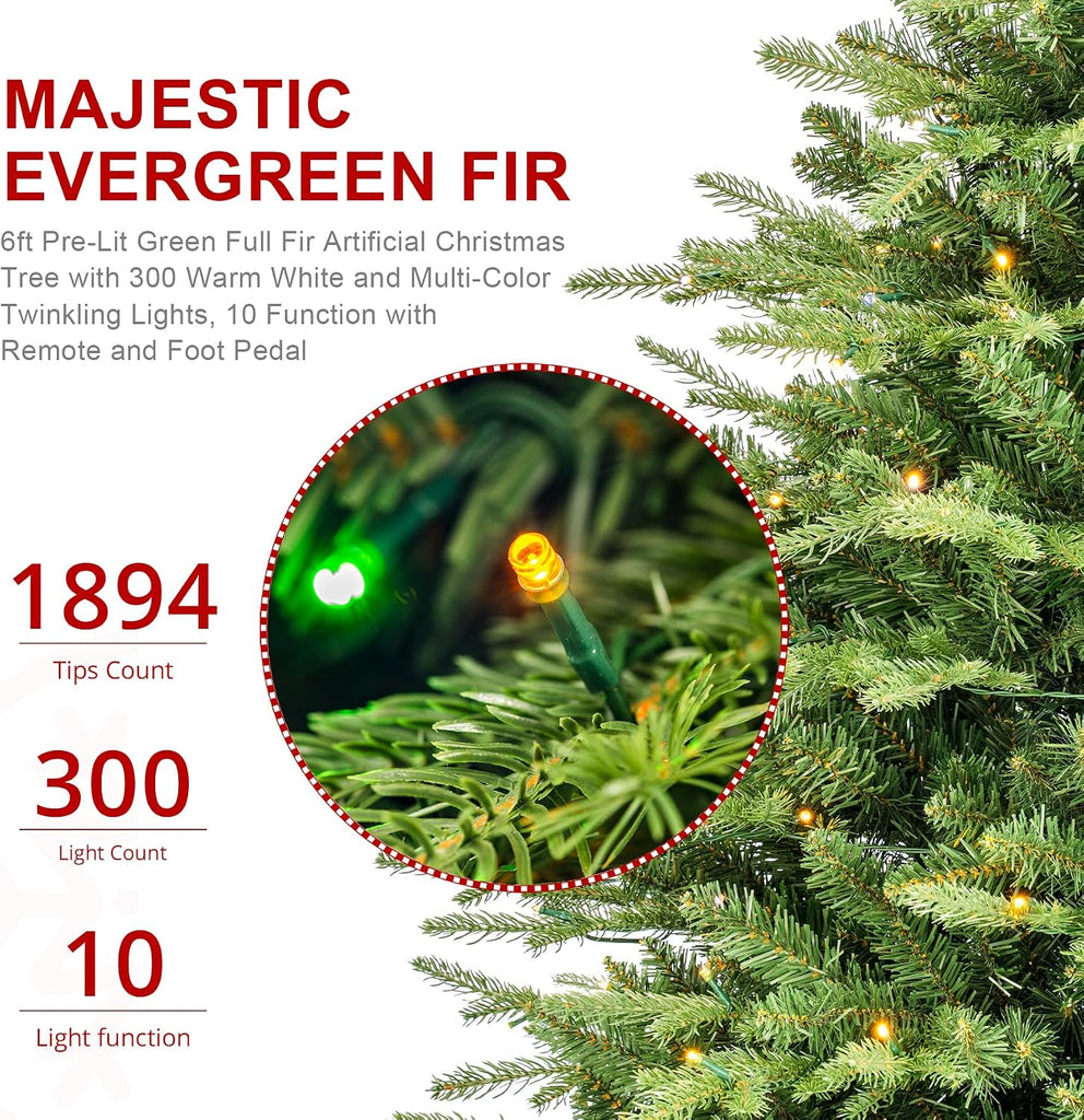Prelit Christmas Tree, Green Full Artificial Christmas Tree Majestic Evergreen Fir with 300 Warm