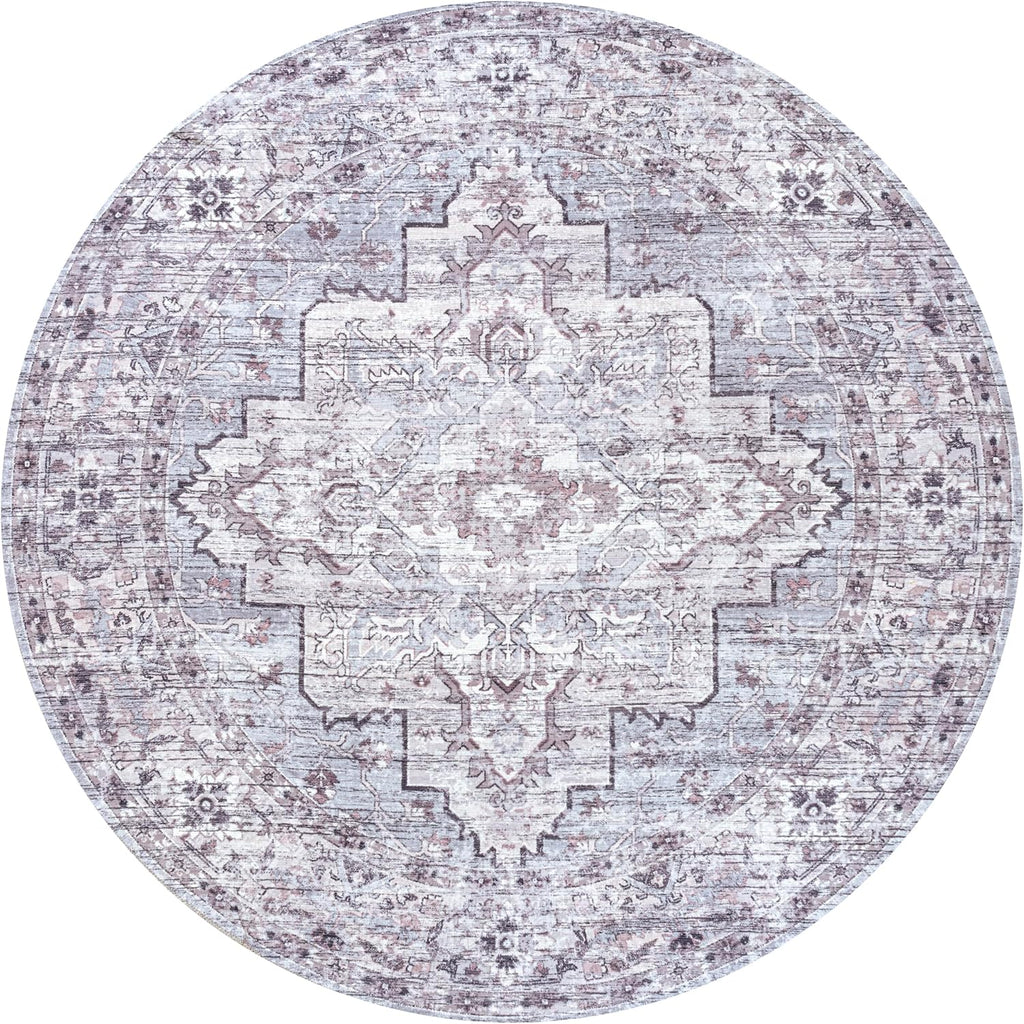 Machine Washable Gray/Purple Round Area Rug 8 ft, Didim Boho Medallion, Easy-Cleaning, High Traffic, Pet-Friendly