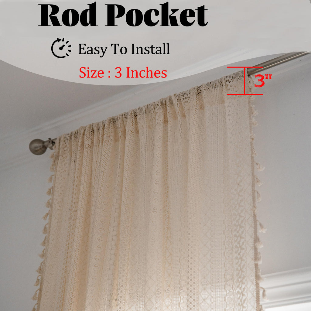 Beige Boho Lace Sheer Curtains 84 inches Long, Crochet Macrame Semi-Sheer Bohemian Drape with Tassels, Cream Farmhouse