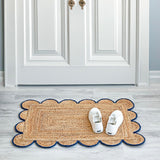 Scalloped Natural Jute Area Rug, Navy Trim, 2x3