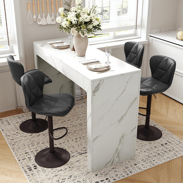 3-Piece Counter Height Bar Table Set, 55 Inch Marble Pub Dining Table & 2 White Swivel Adjustable Bar Stools, PU