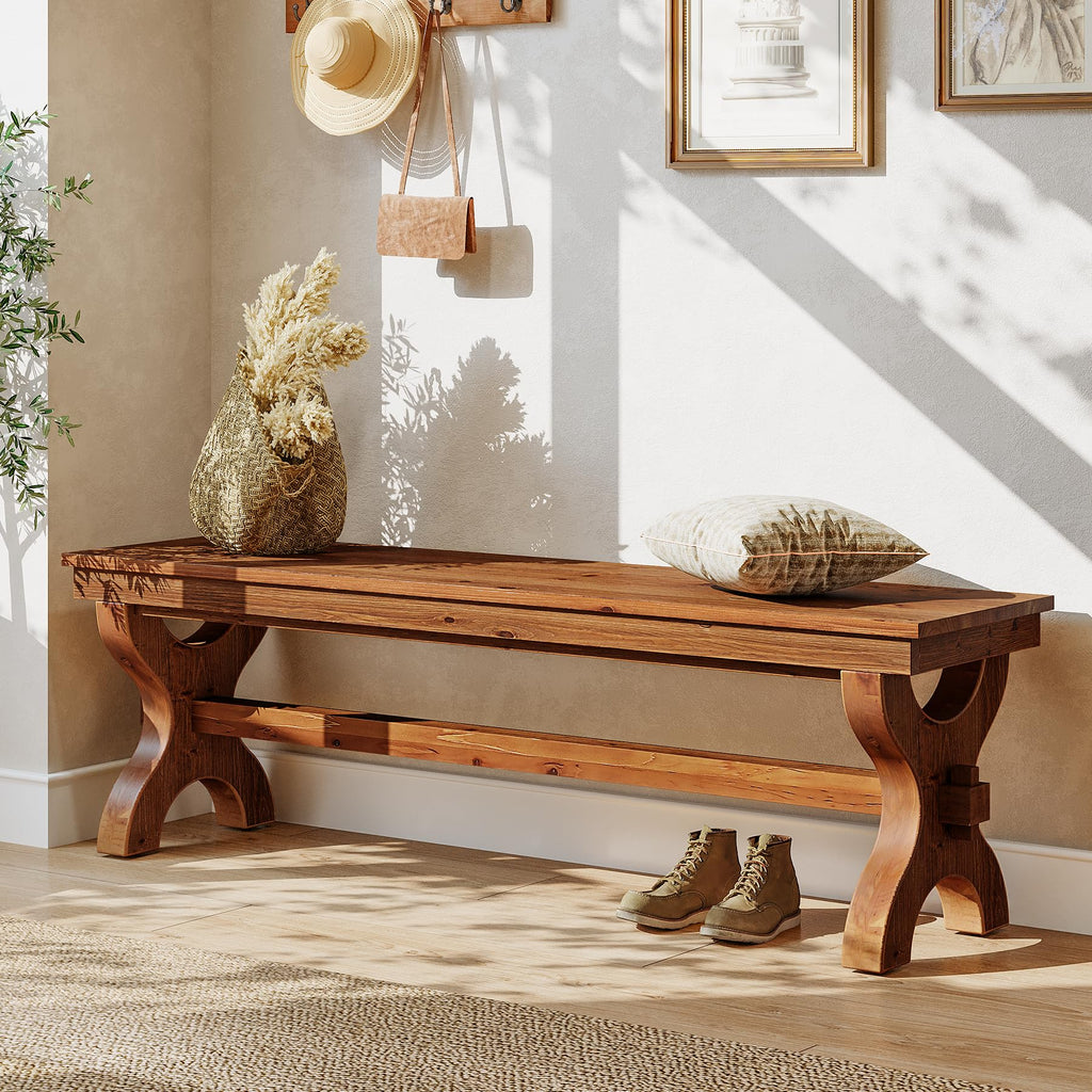 Solid Wood Entryway Bench, 55-Inch Farmhouse Indoor Bench, Narrow Hallway Seat (1, Brown)