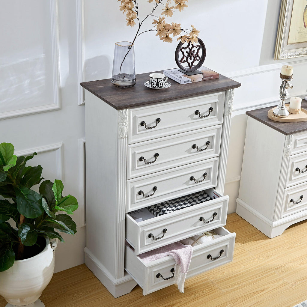 Antique White Dresser, 5 Drawers Dresser, Farmhouse Dresser, Wooden 5 Chest of Drawers with Thickened Wood Carving