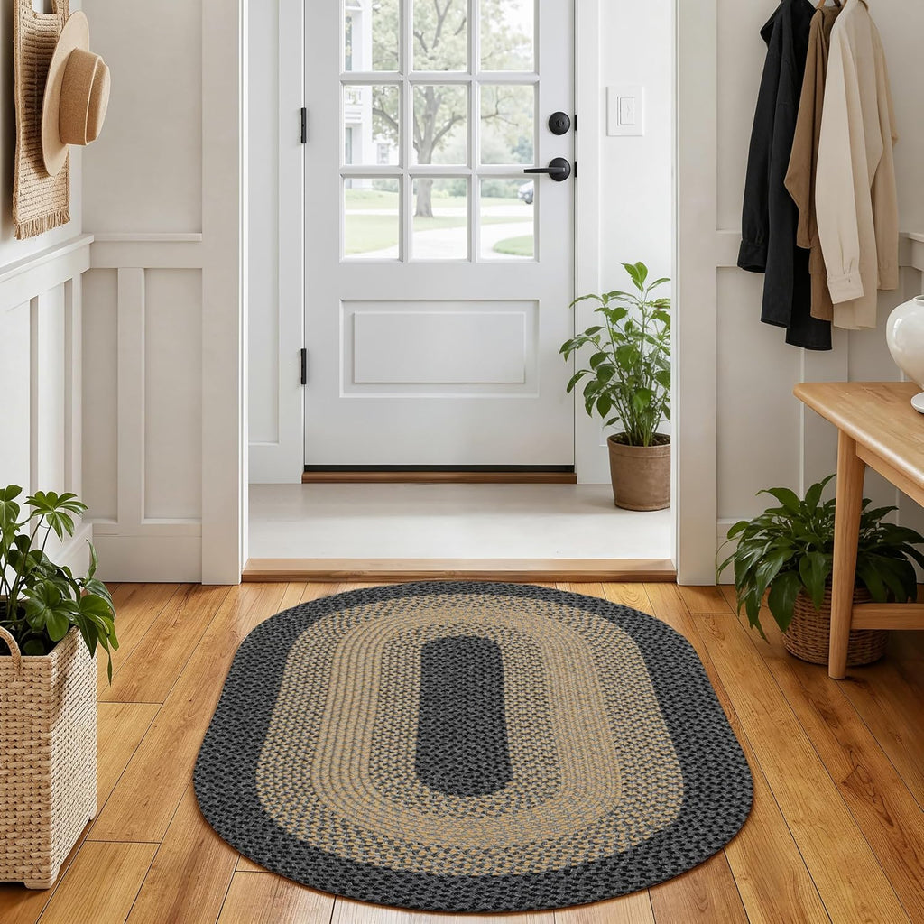 3x5 Oval Braided Area Rug, Brown Black Farmhouse Kitchen Mat | Anti-Slip PP Country Rope Rug, Entryway Porch Deck