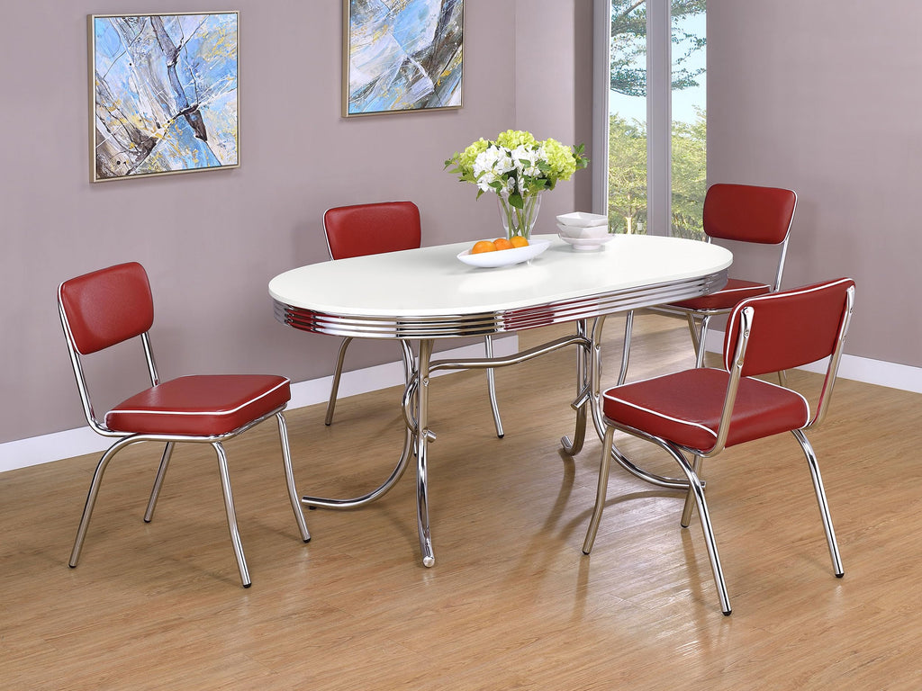 Furnishings Retro 1950s Soda Fountain Diner 5-piece Dining Room Set Oval Table White Laminate Top Red Faux Leather