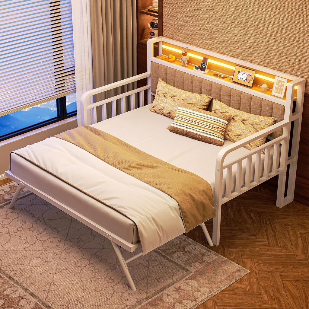 Daybed with Trundle and LED Light, Heavy Duty Metal Twin Bed Frame with Upholstered Storage Headboard & Charging