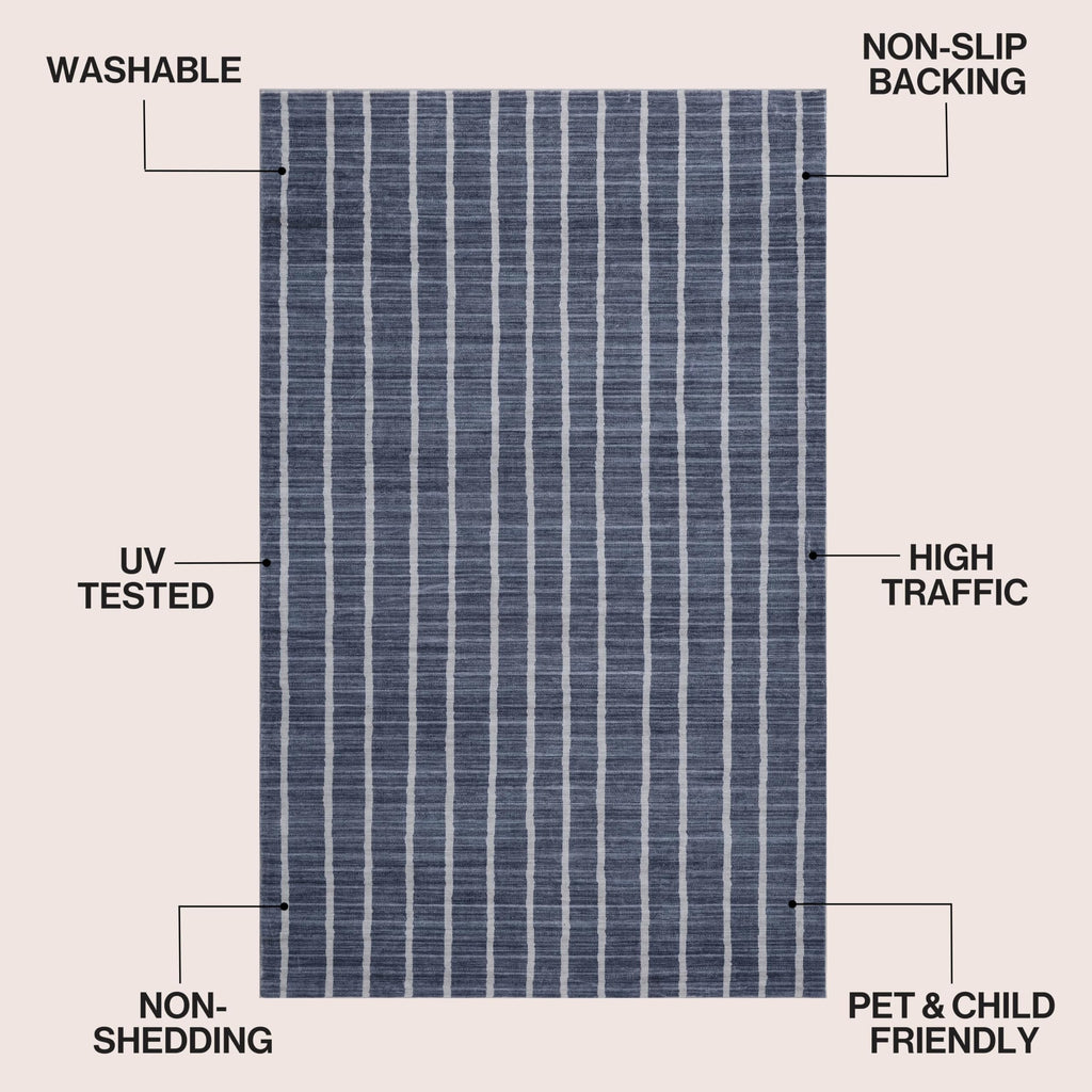 Washable Orton Distressed Ticking Stripe Machine-Washable Polyester Area Rug, Navy and Cream, Farmhouse