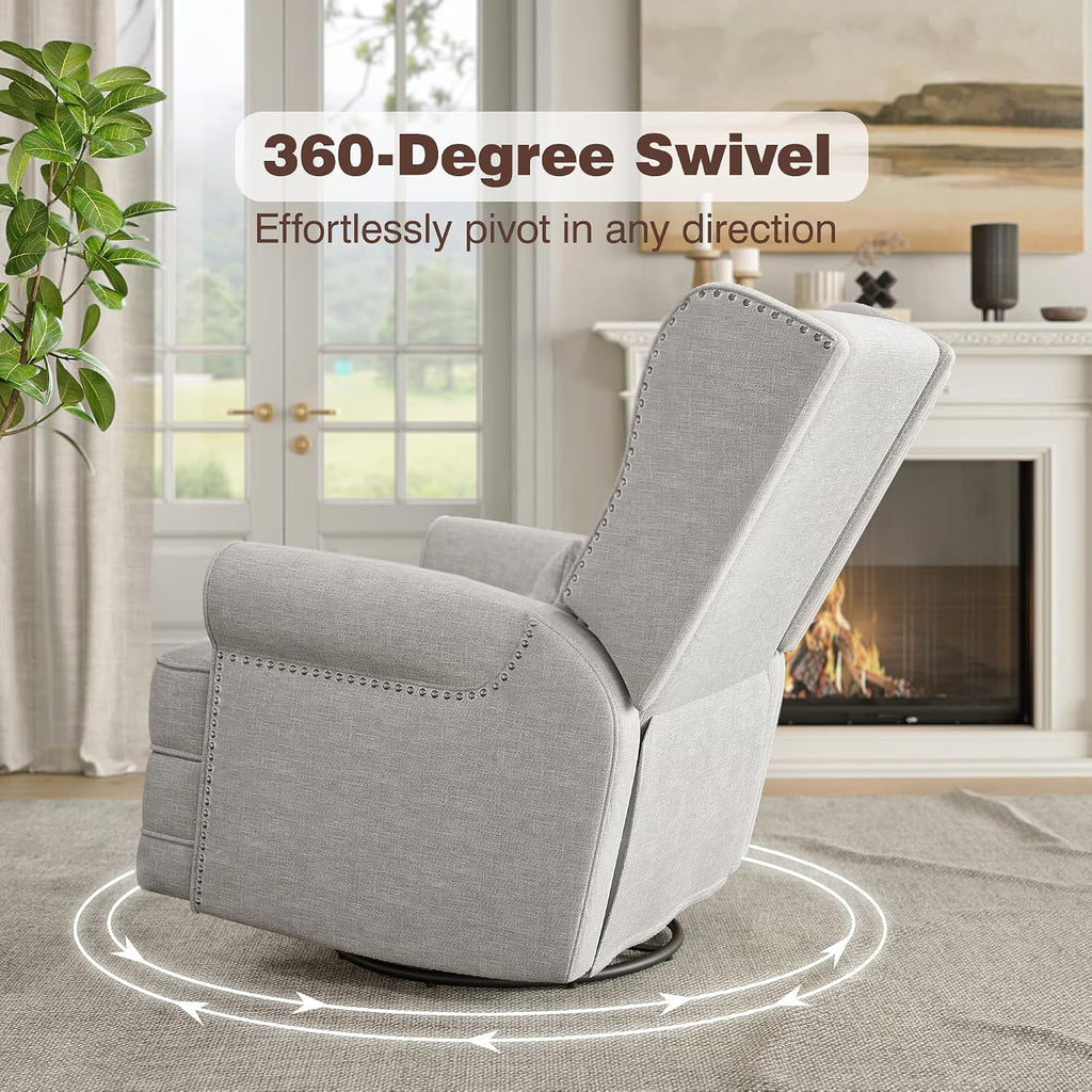 Manual Swivel Rocker Recliner w/ Lumbar Support, Linen Nursery Glider, Gray | 360° Swivel, Nailhead Trim