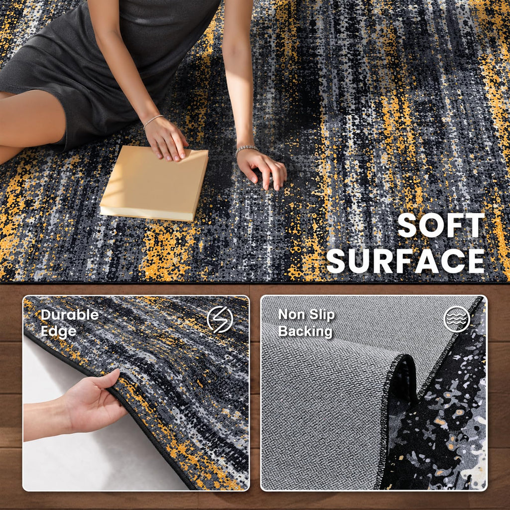 Washable Area Rug, Abstract Rug Black Gold