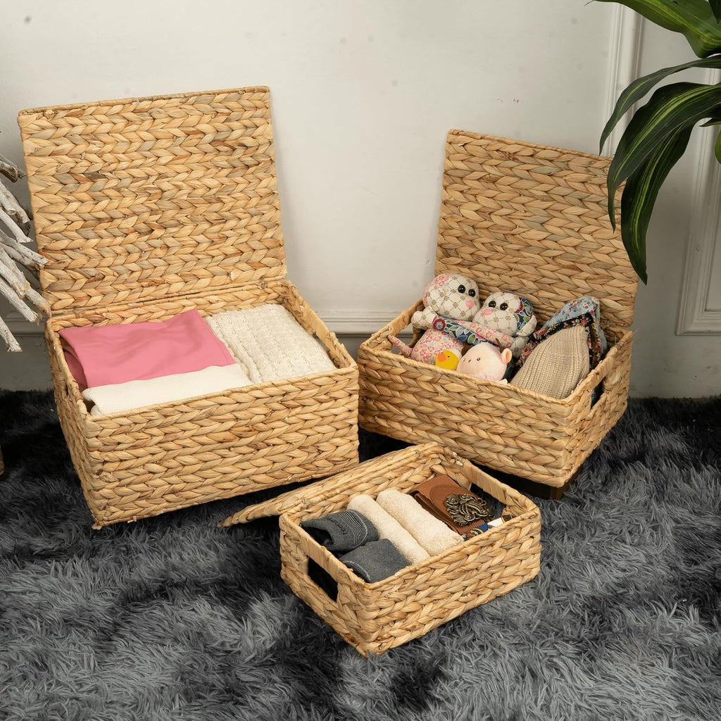 Set of 3 Wicker Baskets with Lid - Woven Storage Basket with Lid - Decorative Storage Boxes and Shelves