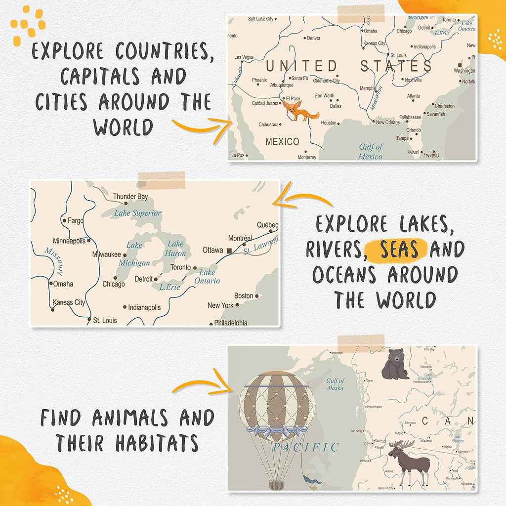 Kids World Map Wallpaper with Animals-Peel and Stick Educational Decals-Nursery Murals for Baby, Toddlers,Boys, Kids
