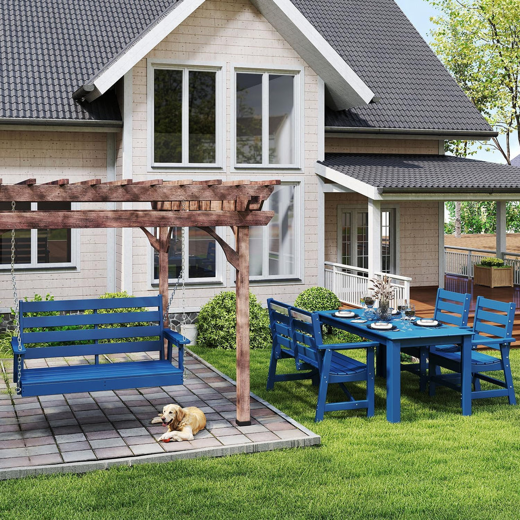 Outdoor Porch Swing | HDPE Plastic | 2-Person | Hanging Bench Swings | Weatherproof | 4 Stainless Steel Chains | Blue