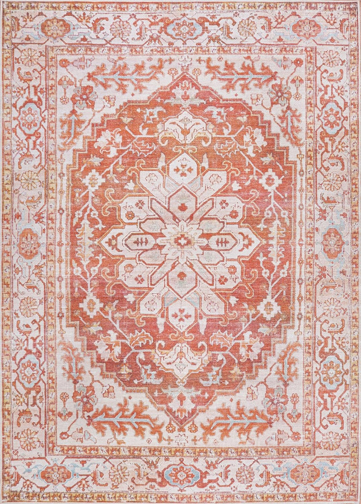 Machine Washable Orange/Cream Indoor Area Rug, ASA Ornate Medallion, Easy-Cleaning, High Traffic