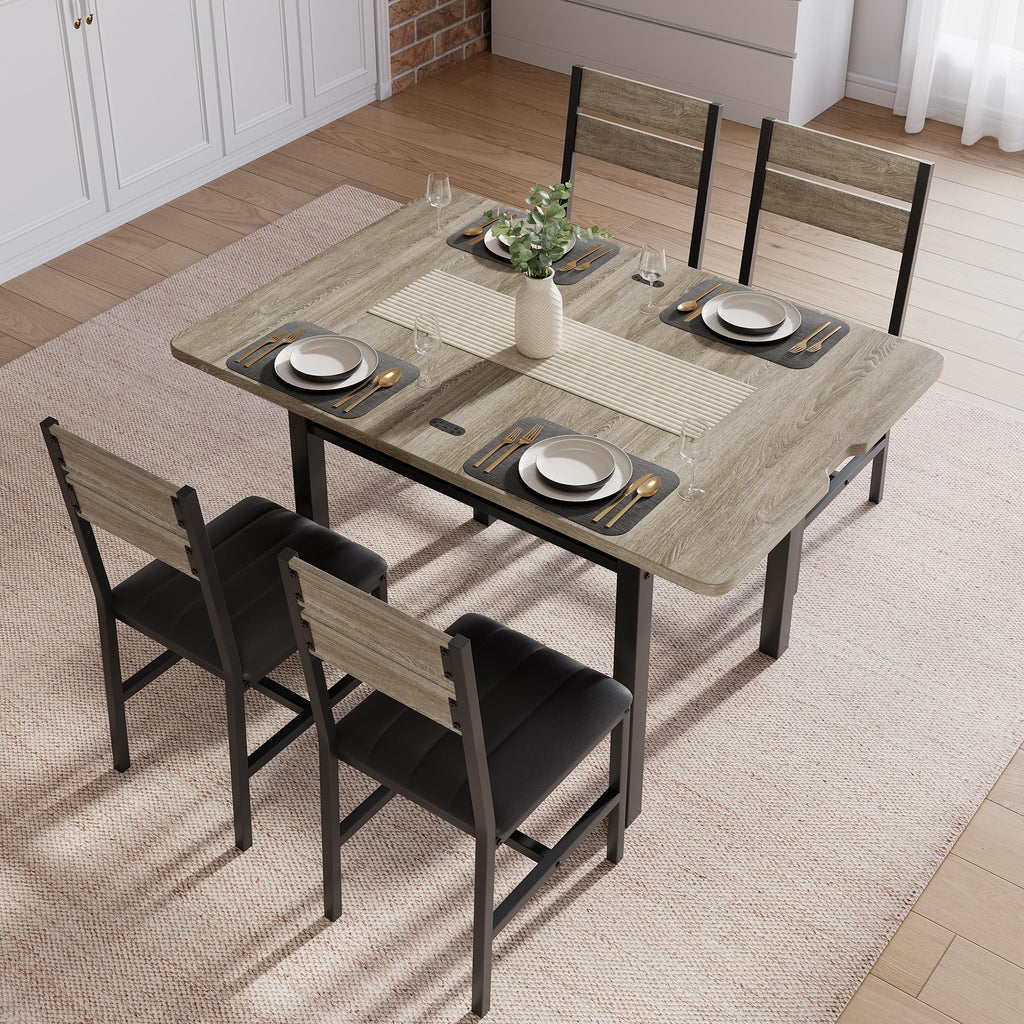 Extendable Dining Table Set for 4 with Shelf Rack&4 PU Leather Chairs Grey