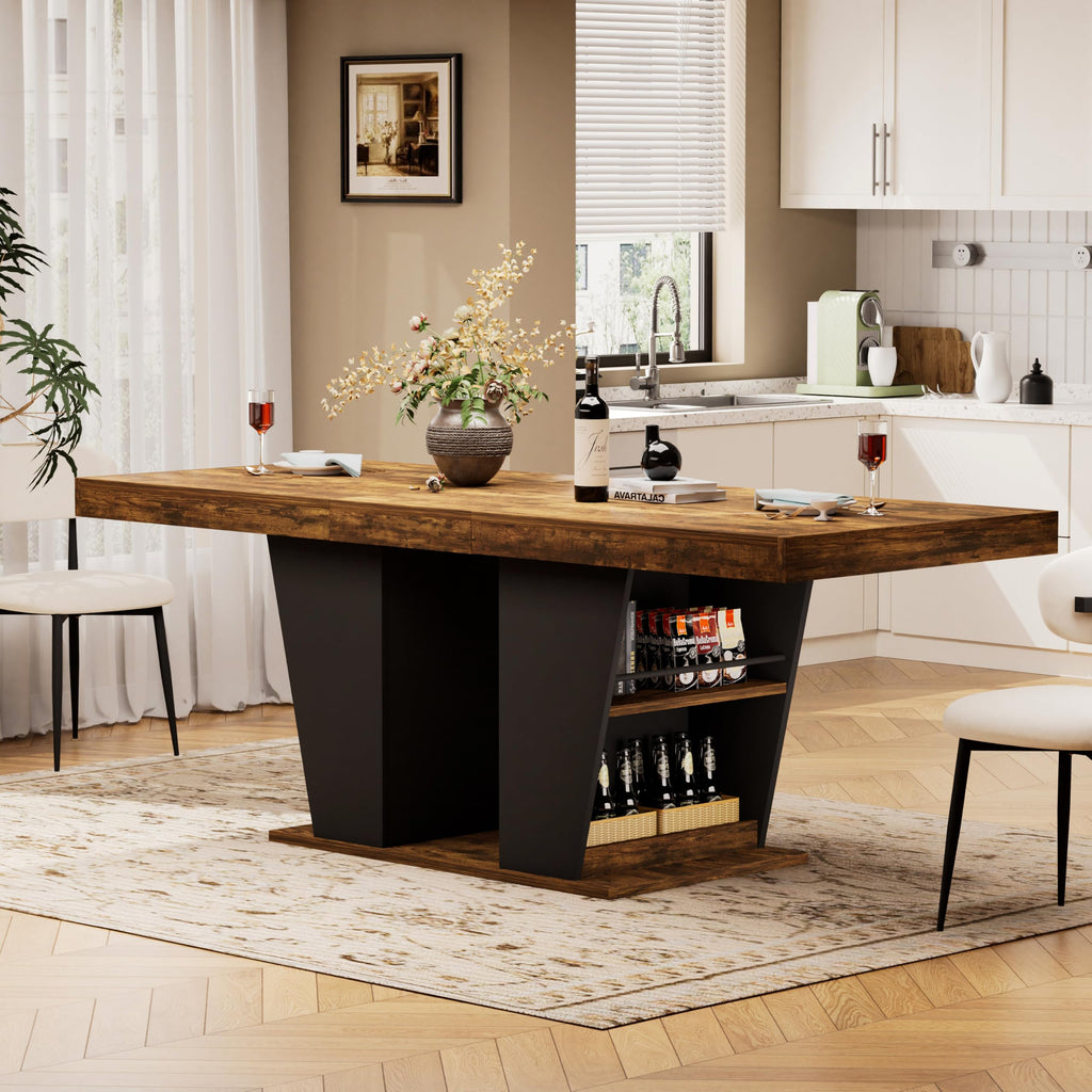 Extendable 9-Piece Dining Table Set, 63"-78.7" Farmhouse Kitchen Table with Storage Base & 8 Tufted Black Velvet