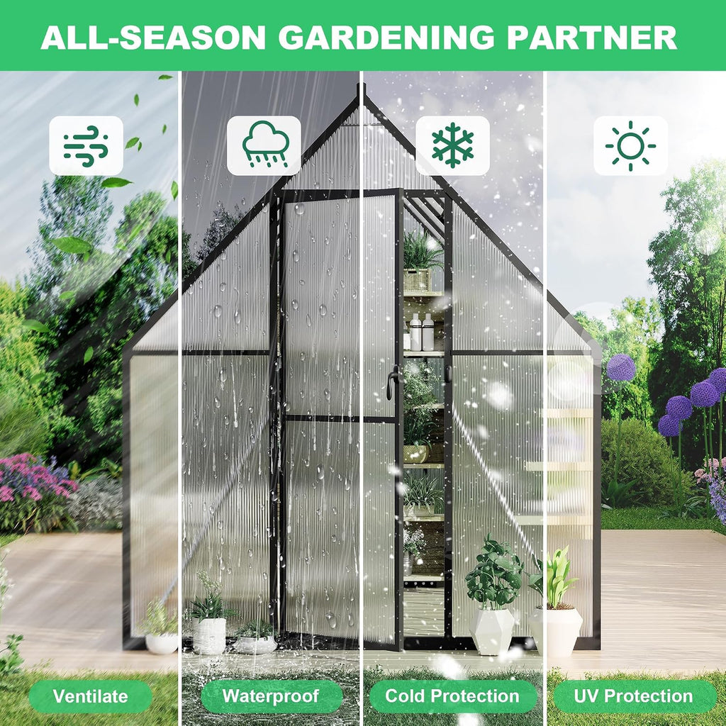 6 x 11 ft Outdoor Polycarbonate Greenhouse Kit, Heavy Duty Greenhouse with Reinforced Aluminum Frame, Adjustable Roof