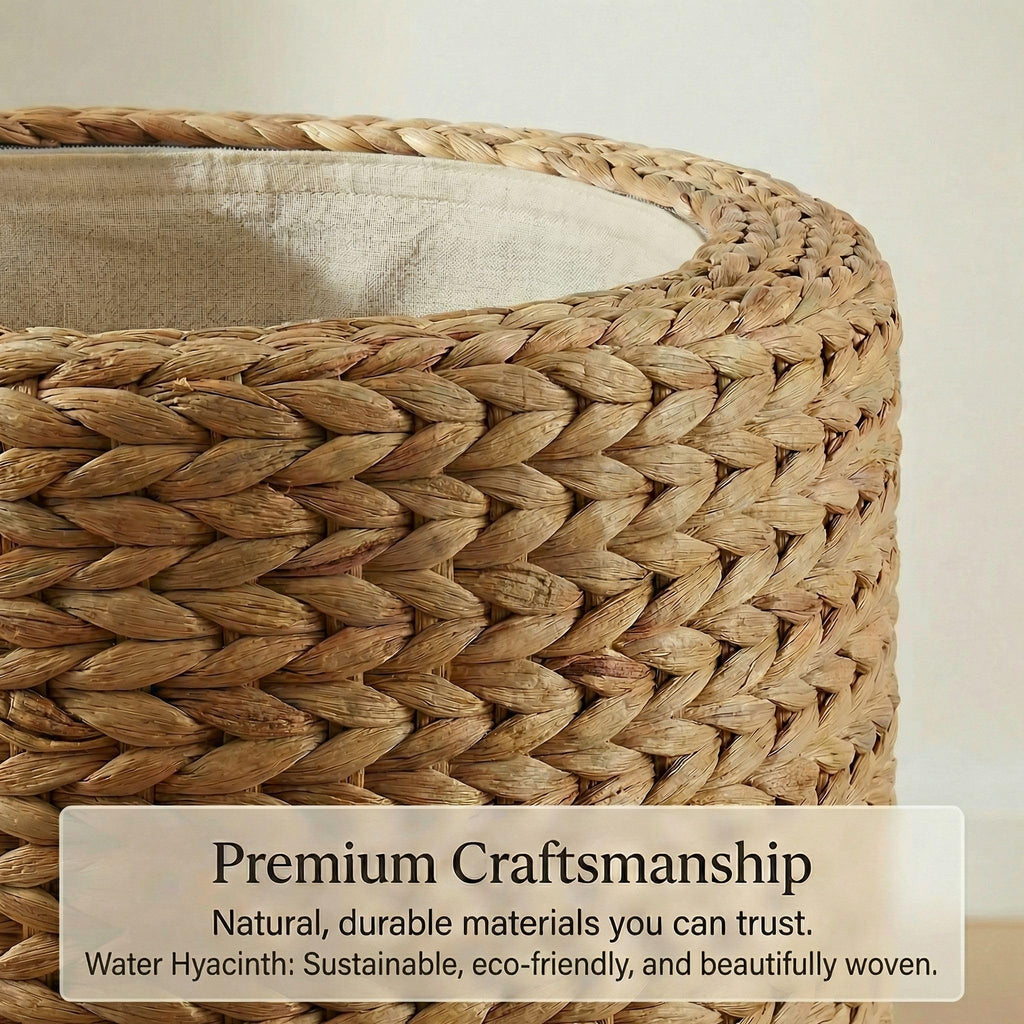 TM Round Ottoman with Storage Water Hyacinth Wicker Ottoman with Lid