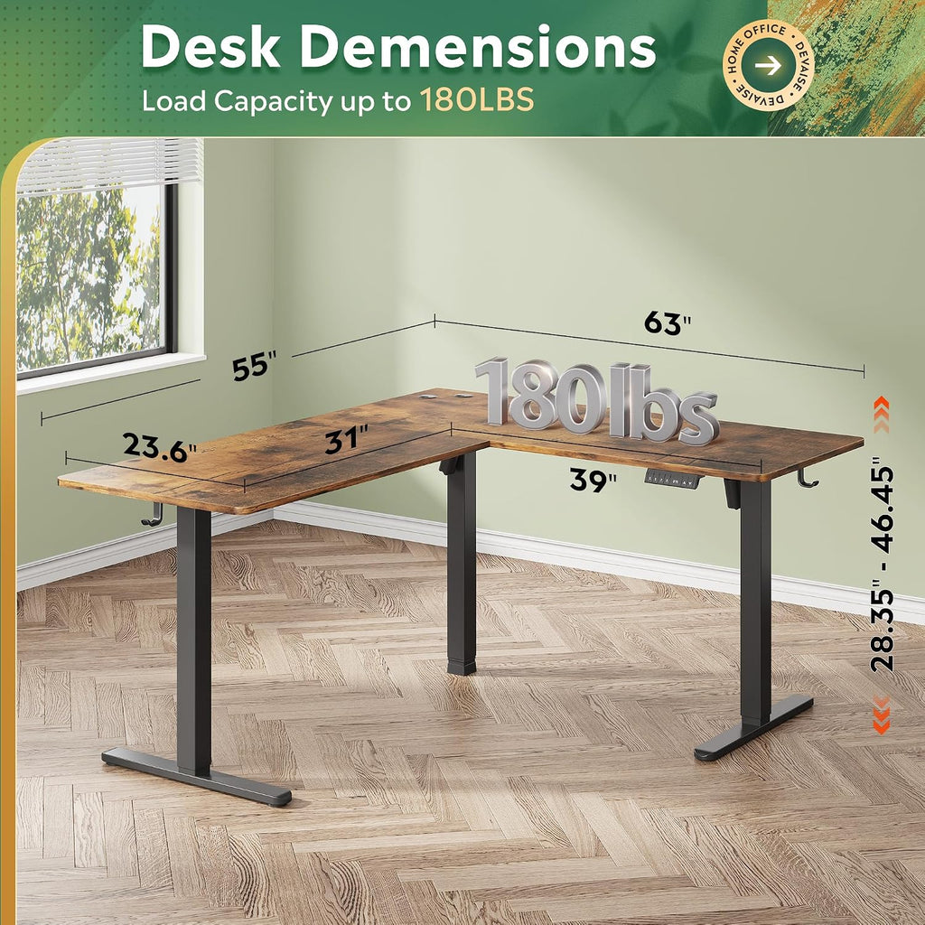63 Inch Standing Desk, L Shaped, Computer Desk, Rustic Brown | LED Touchscreen, Headphone Hook, 3 Memory Preset