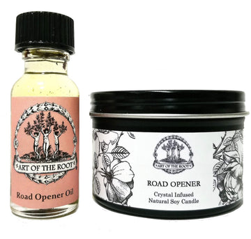 Road Opener Mini Spell Set | 4 oz Soy Candle with a Black Obsidian Crystal & a 1/2 oz Oil | New Beginnings, Success &