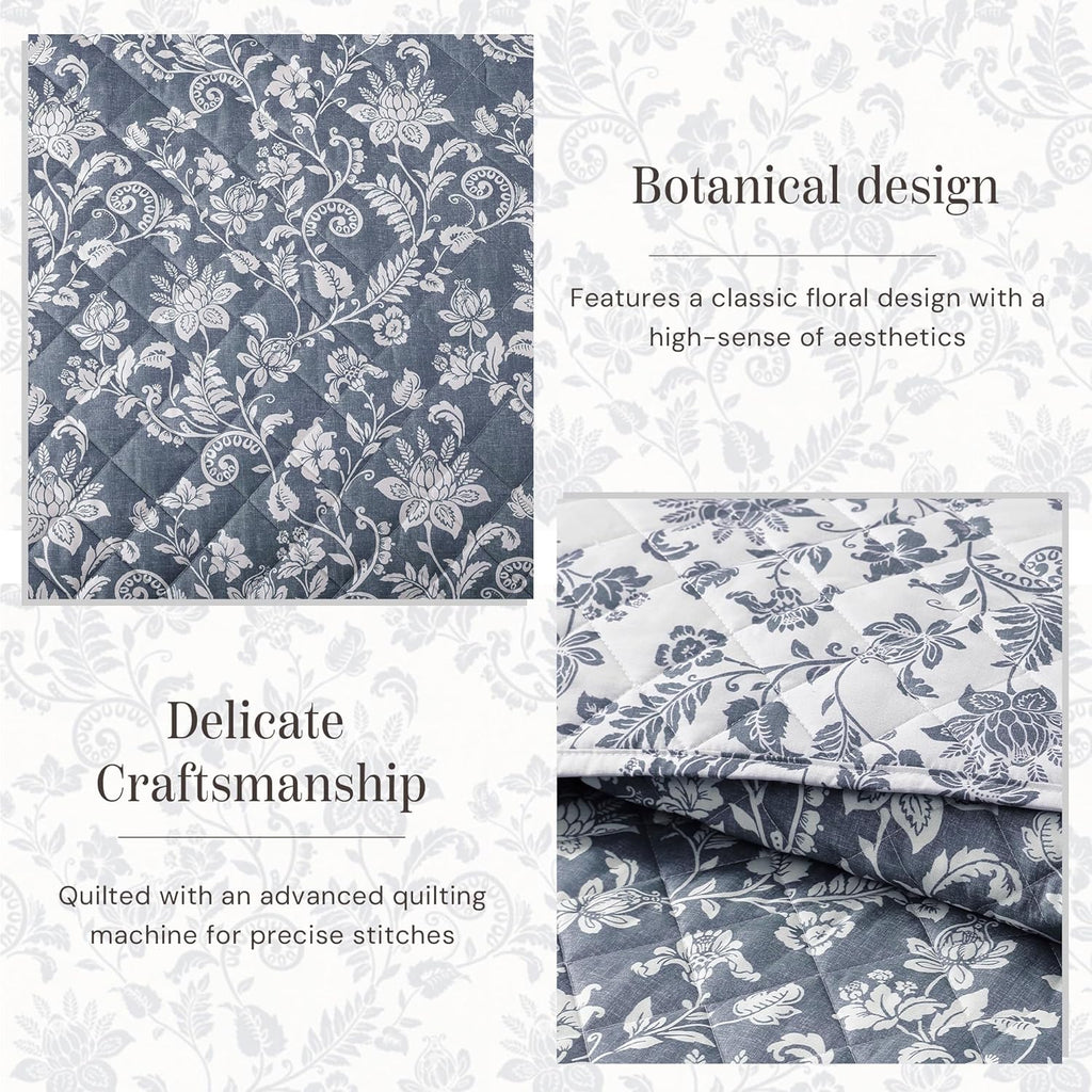 Quilt Set Queen, Oxford Blue Floral Quilt Sets, Reversible Bedspread Lightweight and Breathable for All Seasons, Soft